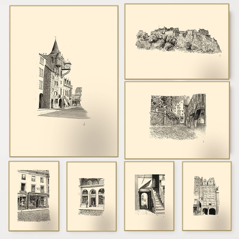 Wall Texture Spray - Affiche vintage du Château d'Édimbourg, dessin